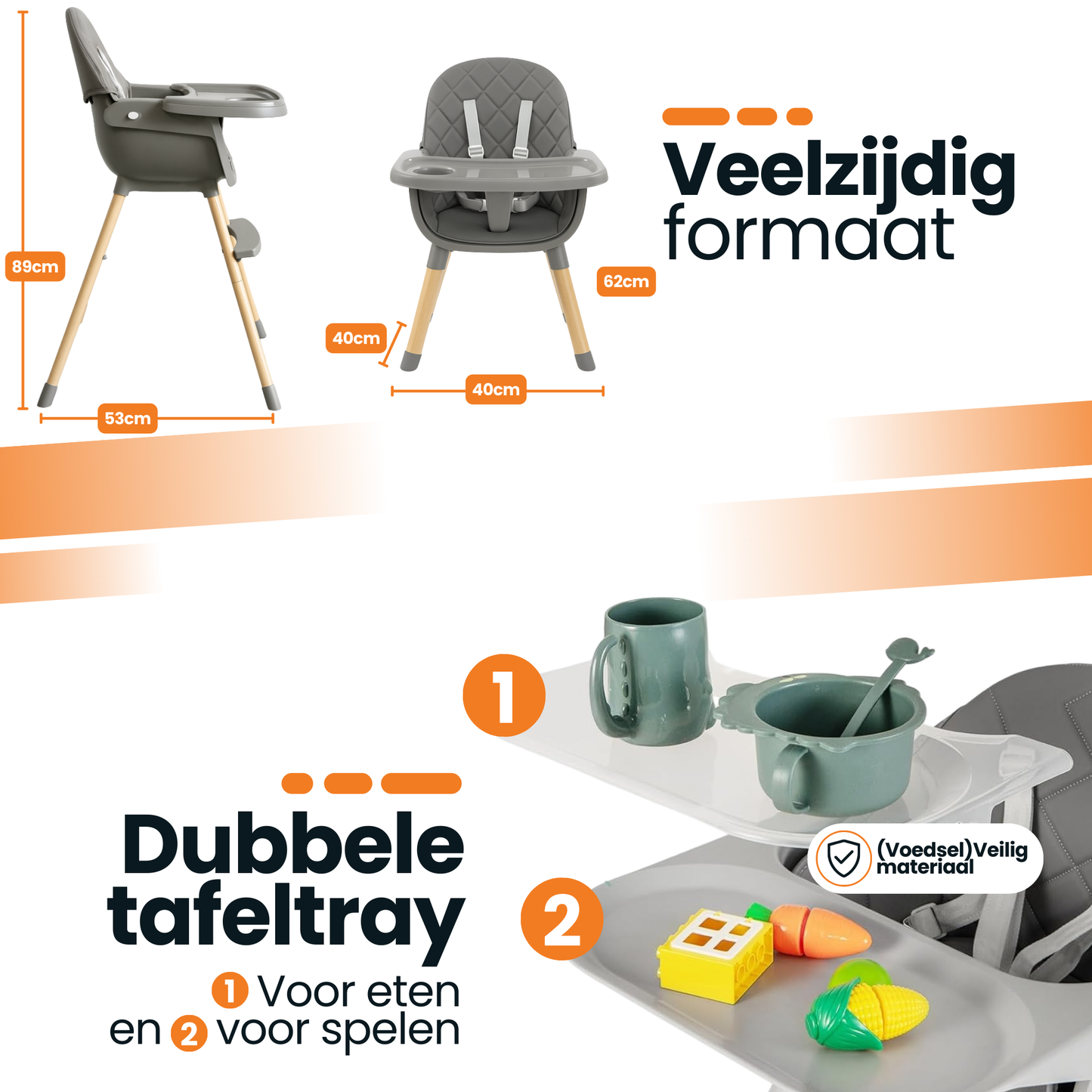 Kinderstoel High Chair - Houten 2-in-1 Stoel - Verstelbaar met 5-puntsgordel & Eetblad - Grijs