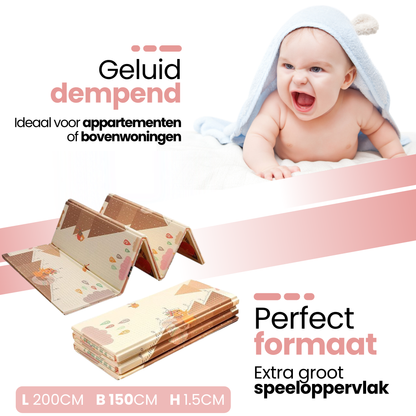 Opvouwbare baby speelmat met dierenpatroon 200×150 cm - kind ligt op zachte mat.