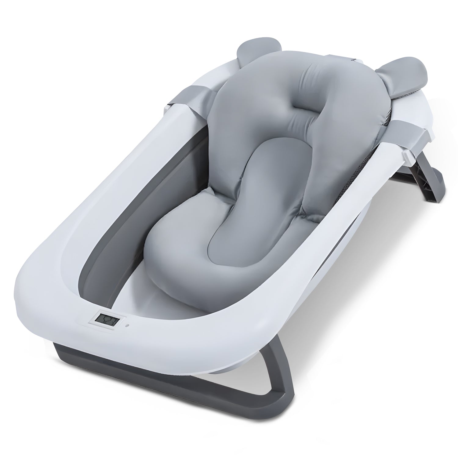 Opvouwbaar babybad met digitale thermometer en badkussen in grijs-witte uitvoering.
