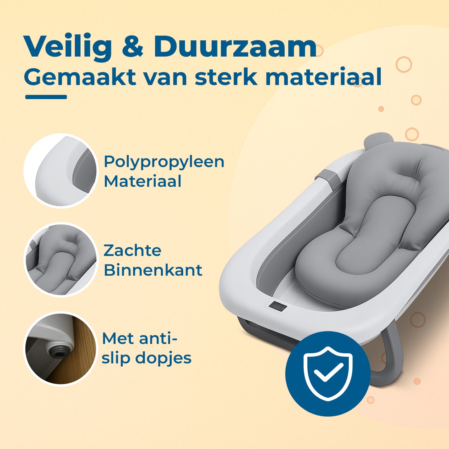 Opvouwbaar babybad met digitale thermometer en comfortabel grijs badkussen.