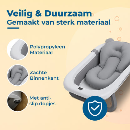 Opvouwbaar babybad met digitale thermometer en comfortabel grijs badkussen.