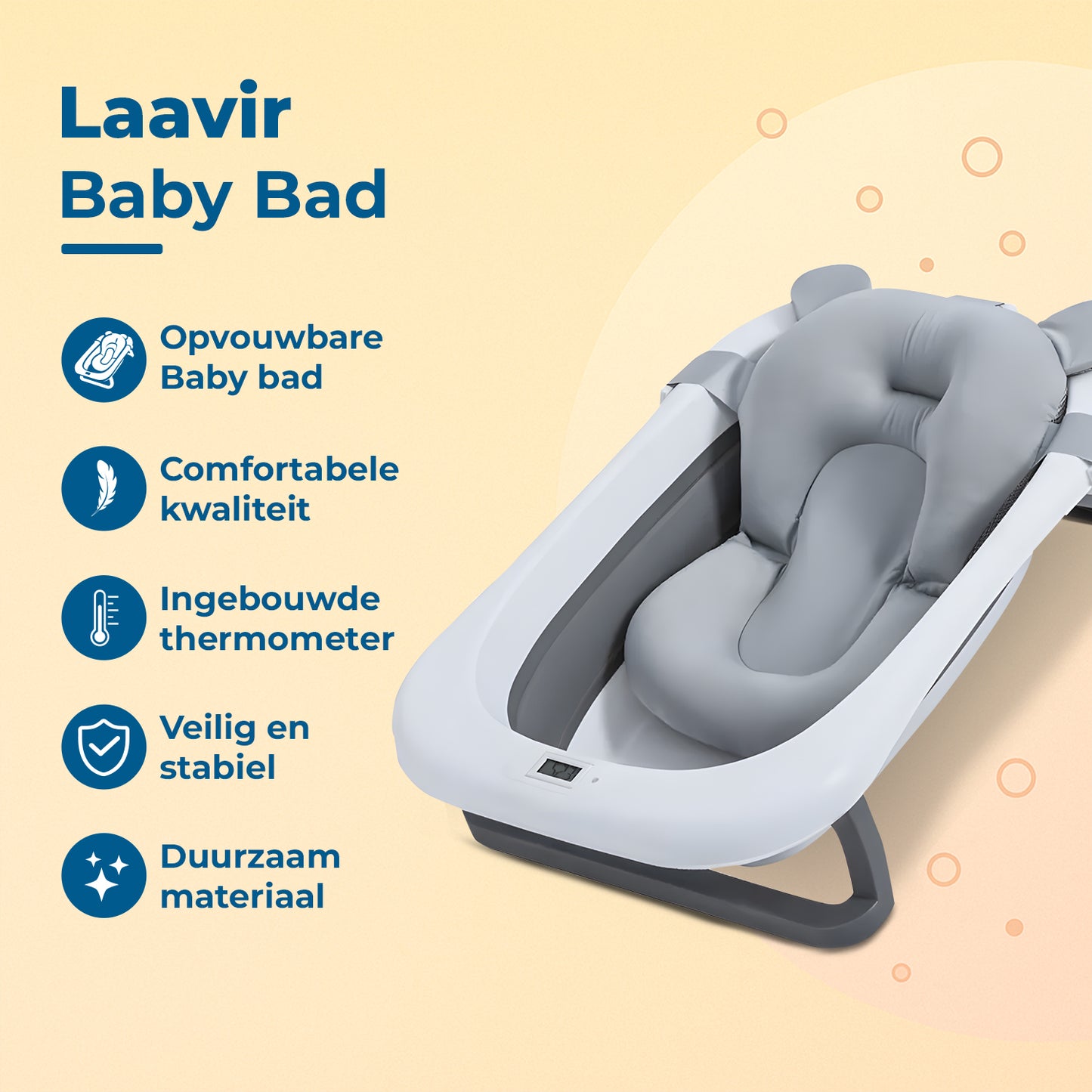 Opvouwbaar babybad met badkussen en digitale thermometer - veilig en comfortabel ontwerp.