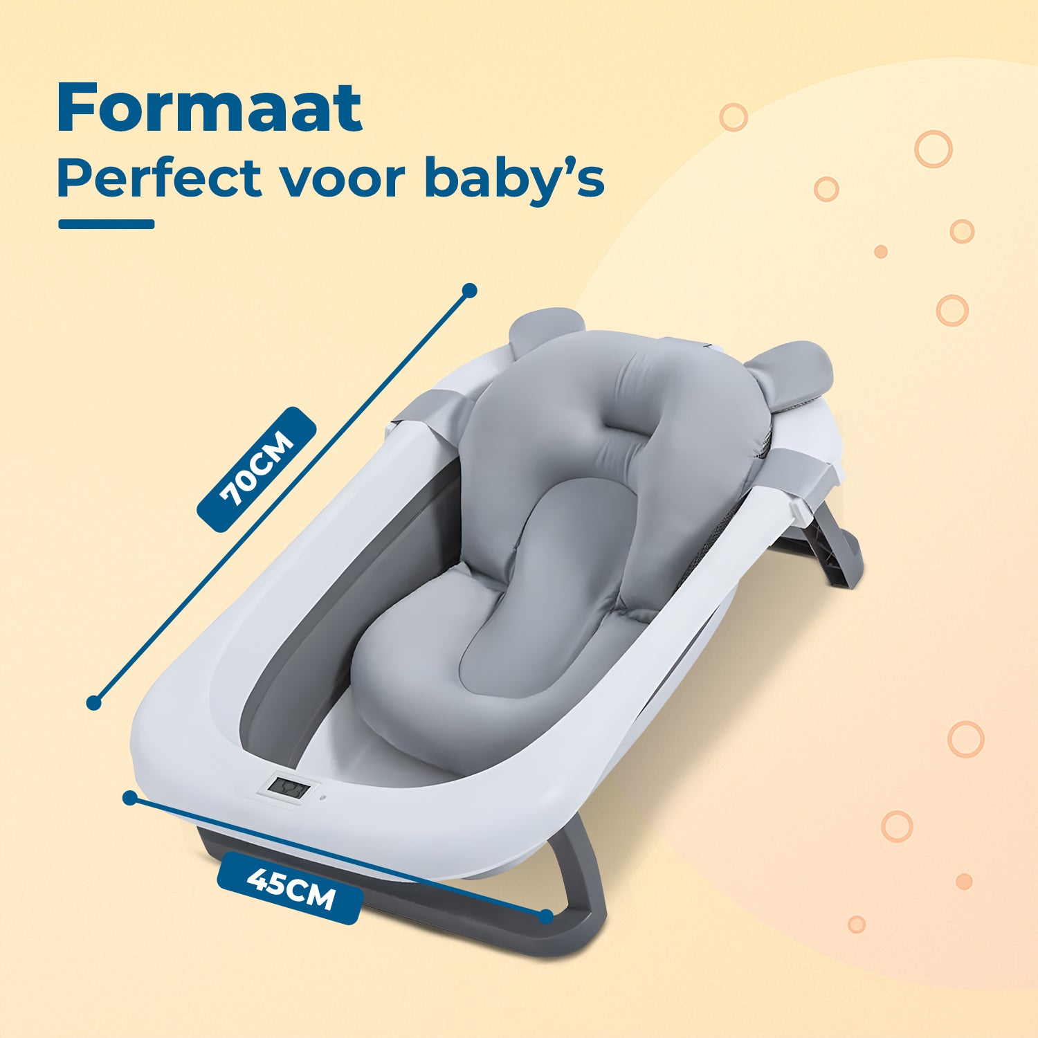 Opvouwbaar babybad met digitale thermometer en badkussen - lichtgrijs ontwerp.