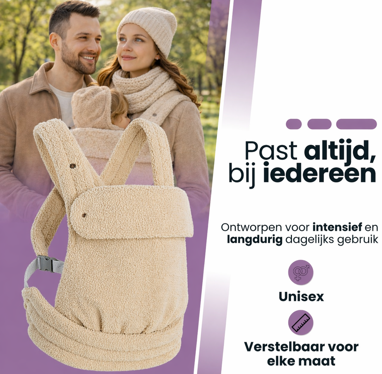 Baby Draagzak Teddy Beige Ergonomisch Warm & Zacht 0-36 Maanden Comfortabele Buikdrager Verstelbaar