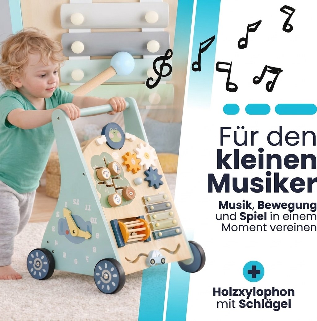 Houten Activiteiten Loopwagen - Montessori - Mintblauw (DE 10)