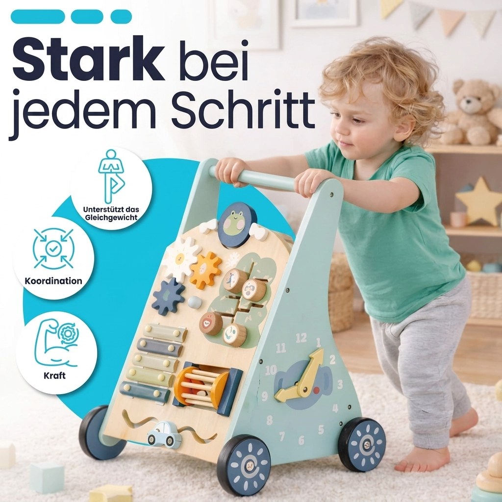Houten Activiteiten Loopwagen - Montessori - Mintblauw (DE 4)