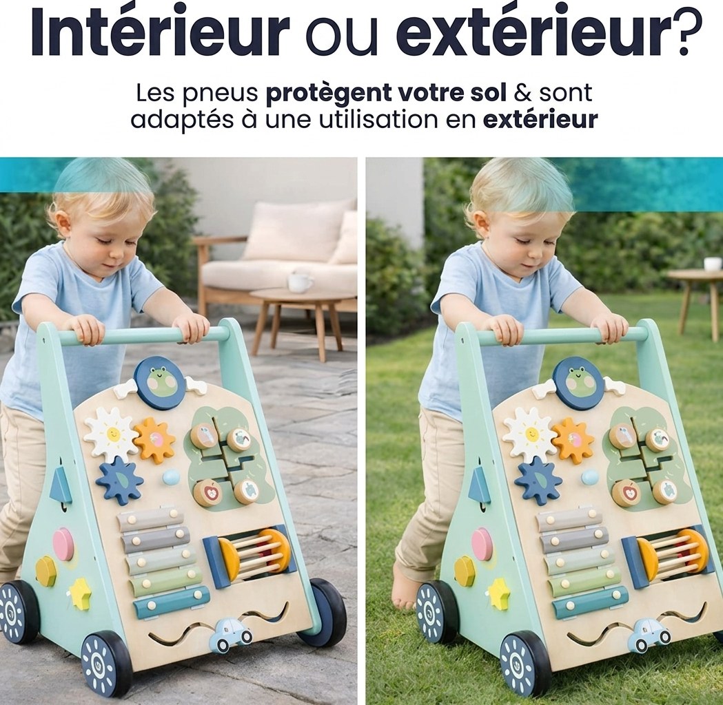 Houten Activiteiten Loopwagen - Montessori - Mintblauw (FR 6)