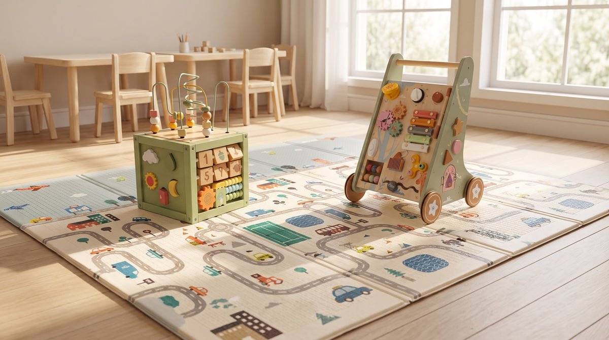 Kinderopvangruimte met Laavir speelmat, activiteitenkubus en loopwagen