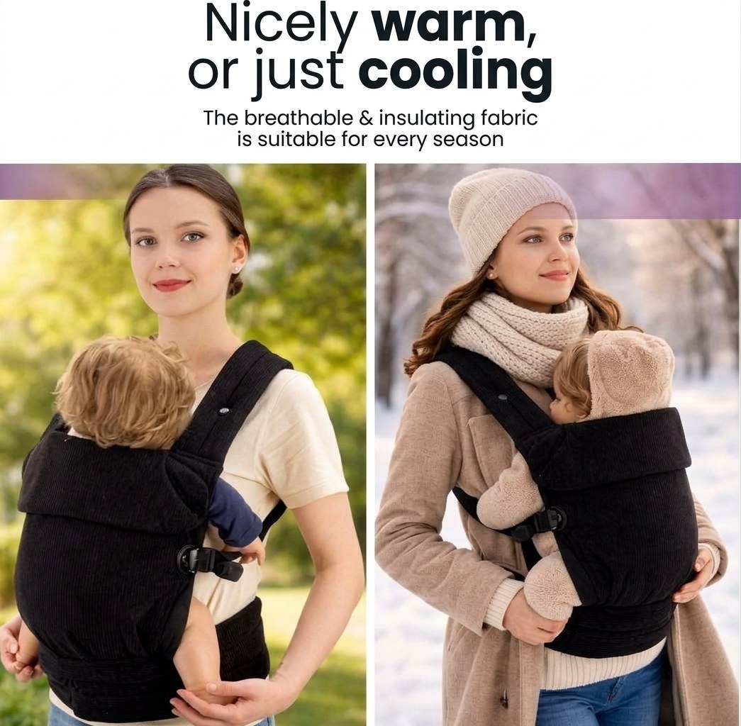 Baby Draagzak Corduroy Zwart Ergonomisch 0-36 Maanden Comfortabele Buikdrager Ademend & Verstelbaar (EN 3)