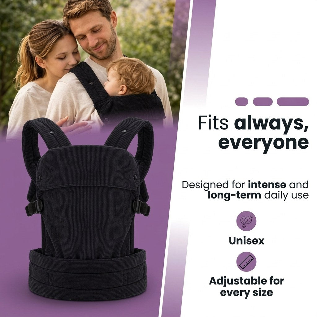 Baby Draagzak Corduroy Zwart Ergonomisch 0-36 Maanden Comfortabele Buikdrager Ademend & Verstelbaar (EN 4)