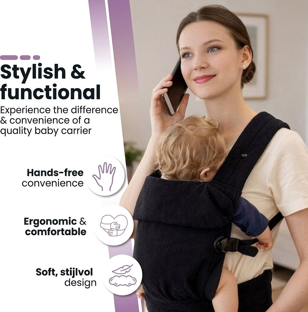 Baby Draagzak Corduroy Zwart Ergonomisch 0-36 Maanden Comfortabele Buikdrager Ademend & Verstelbaar (EN 5)
