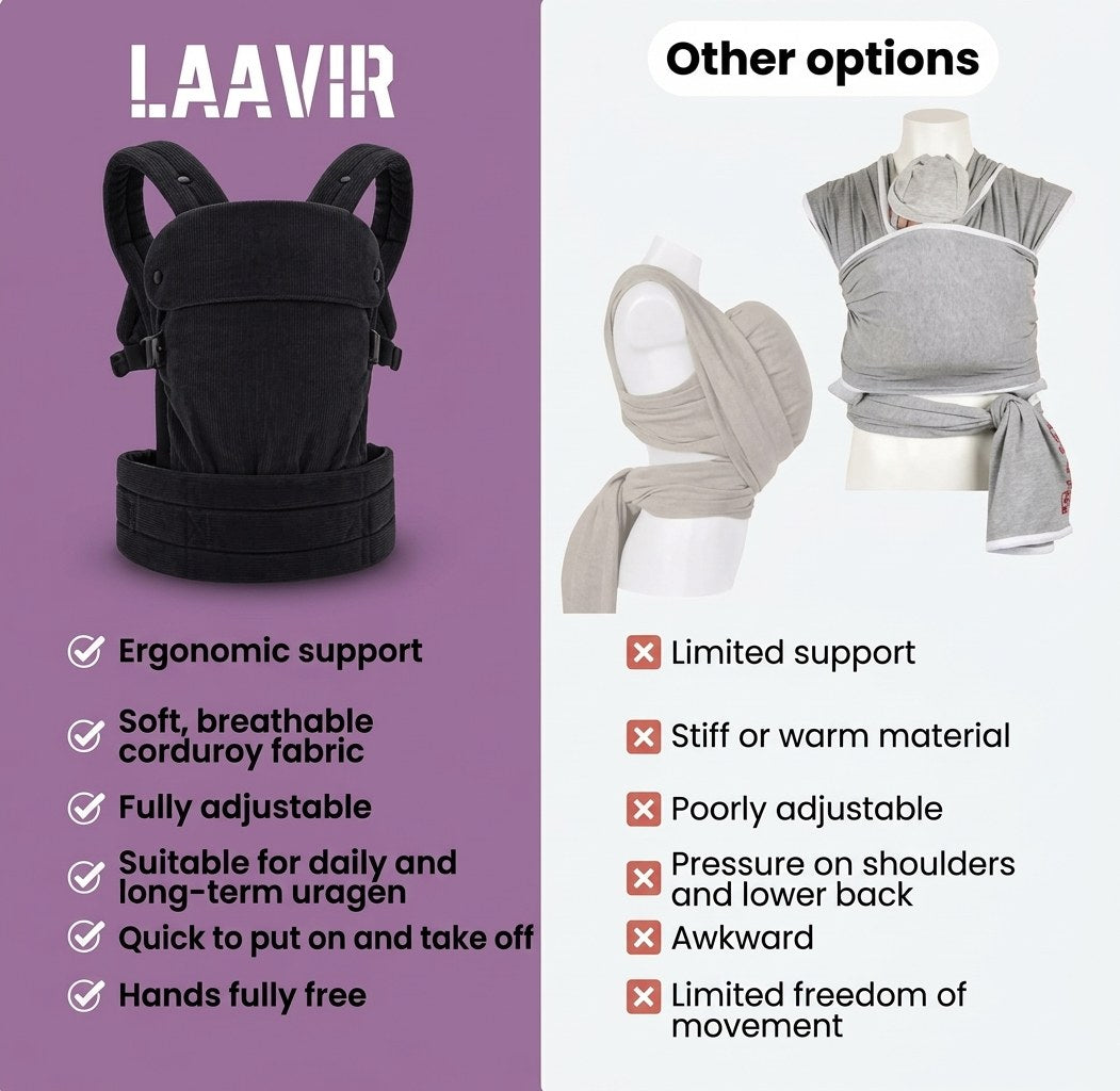 Baby Draagzak Corduroy Zwart Ergonomisch 0-36 Maanden Comfortabele Buikdrager Ademend & Verstelbaar (EN 7)