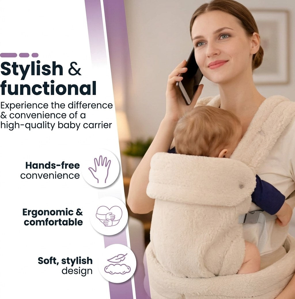 Baby Draagzak Teddy Beige Ergonomisch Warm & Zacht 0-36 Maanden Comfortabele Buikdrager Verstelbaar (EN 3)