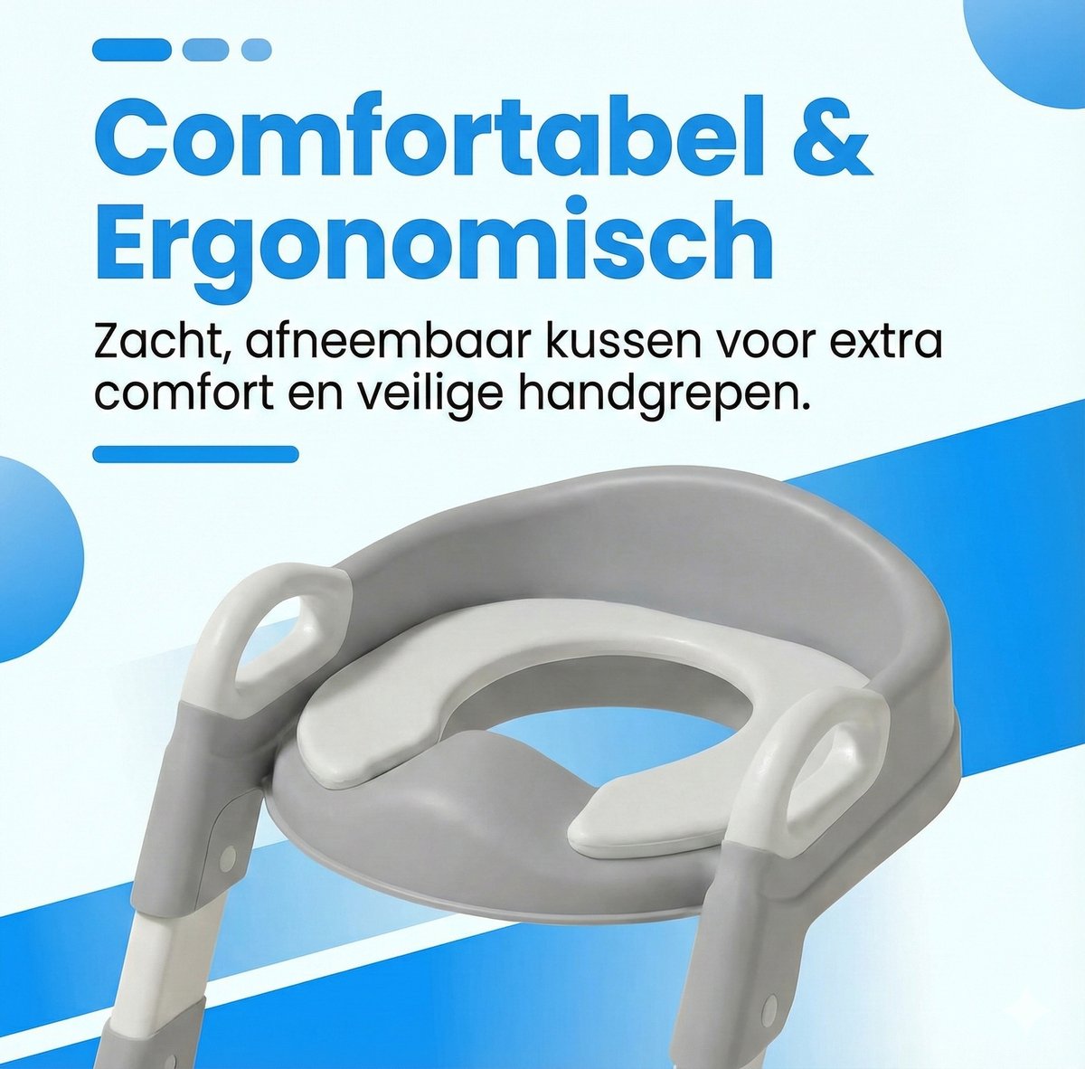 Grijze wc-verkleiner met trapje en comfortabel kussen voor peuters op toilet getoond.