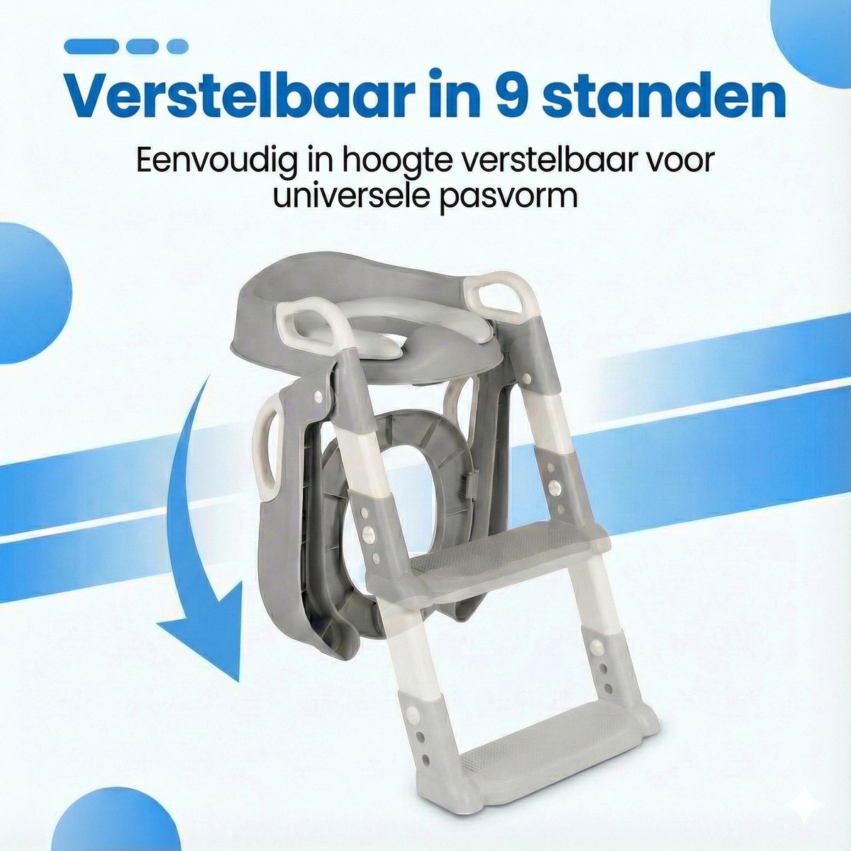 Grijze WC-verkleiner met trapje en rugleuning - verstelbaar voor peuters zelfstandig gebruik.