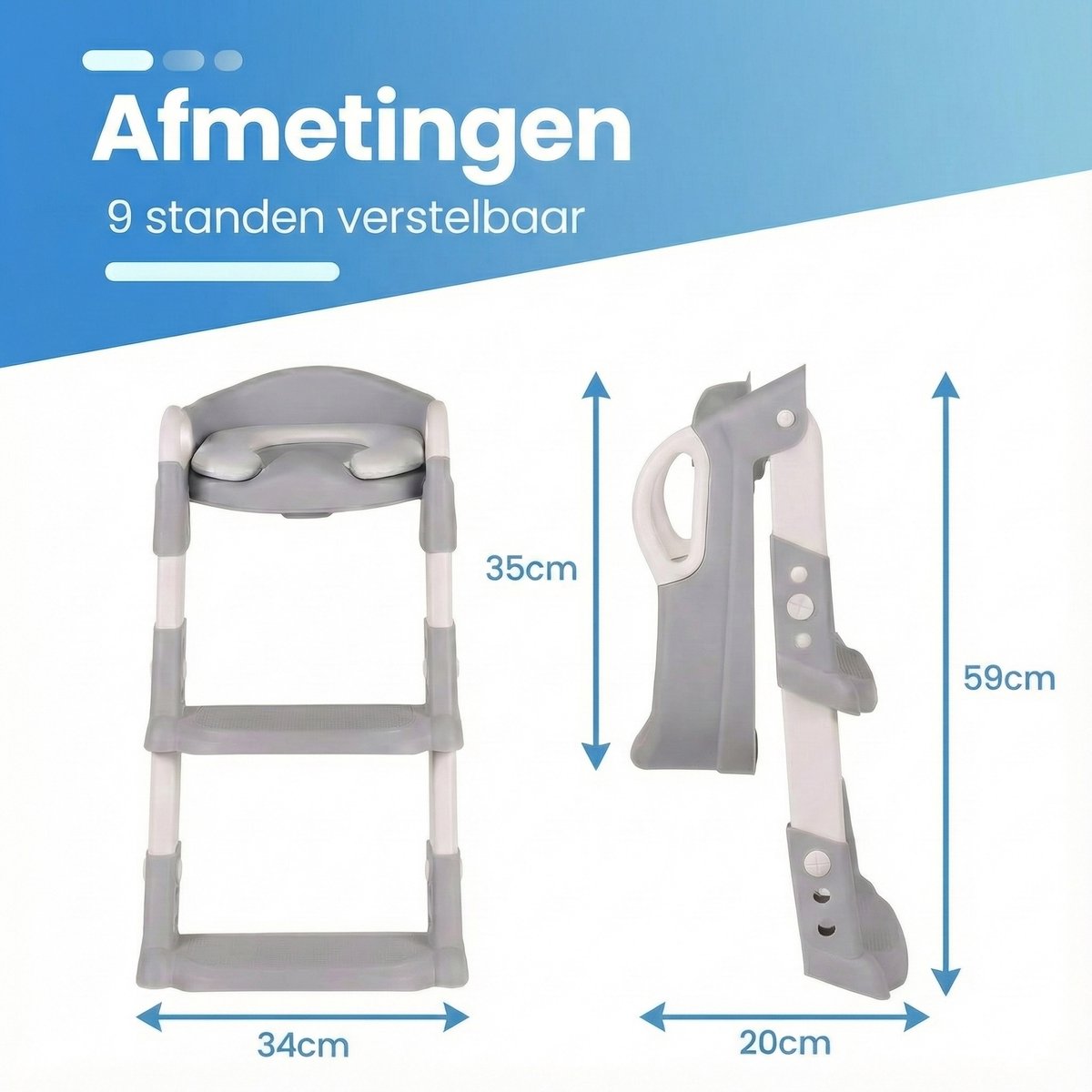 Grijze WC-verkleiner met trapje, 9 standen verstelbaar, afmetingen zichtbaar.