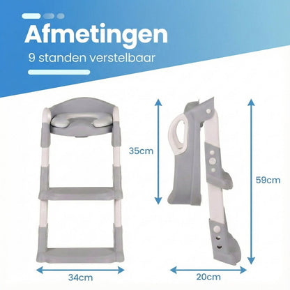 Grijze WC-verkleiner met trapje, 9 standen verstelbaar, afmetingen zichtbaar.