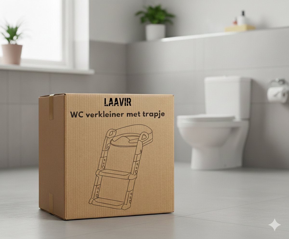 Kartonnen doos Laavir WC-verkleiner met trapje voor toilet in badkameromgeving.
