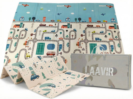 Opvouwbare baby speelmat stadsontwerp - wegpatroon met gebouwen en auto's zichtbaar.