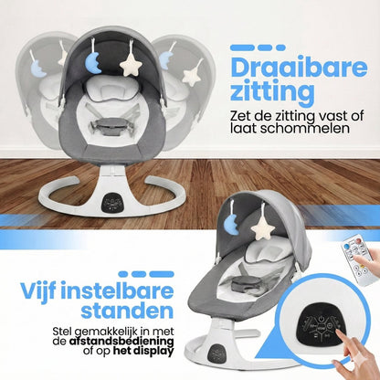 Grijze elektrische baby wiegschommel met muziek en draaibare zitting in woonkamer.