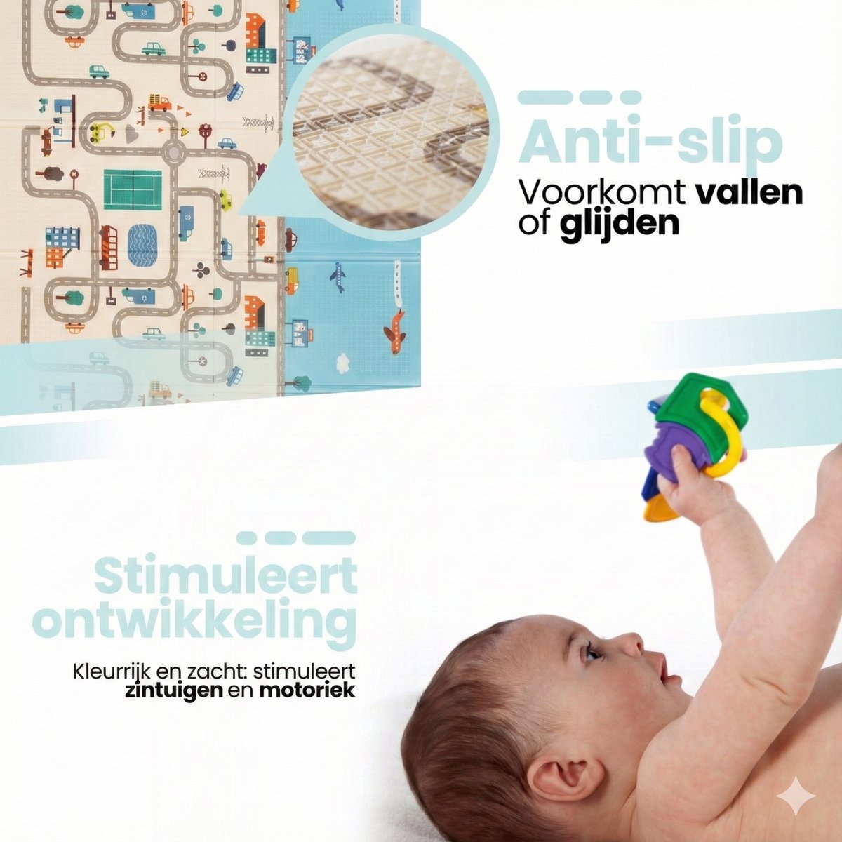 Opvouwbare baby speelmat met autoweg print - kind speelt met kleurrijk speelgoed.