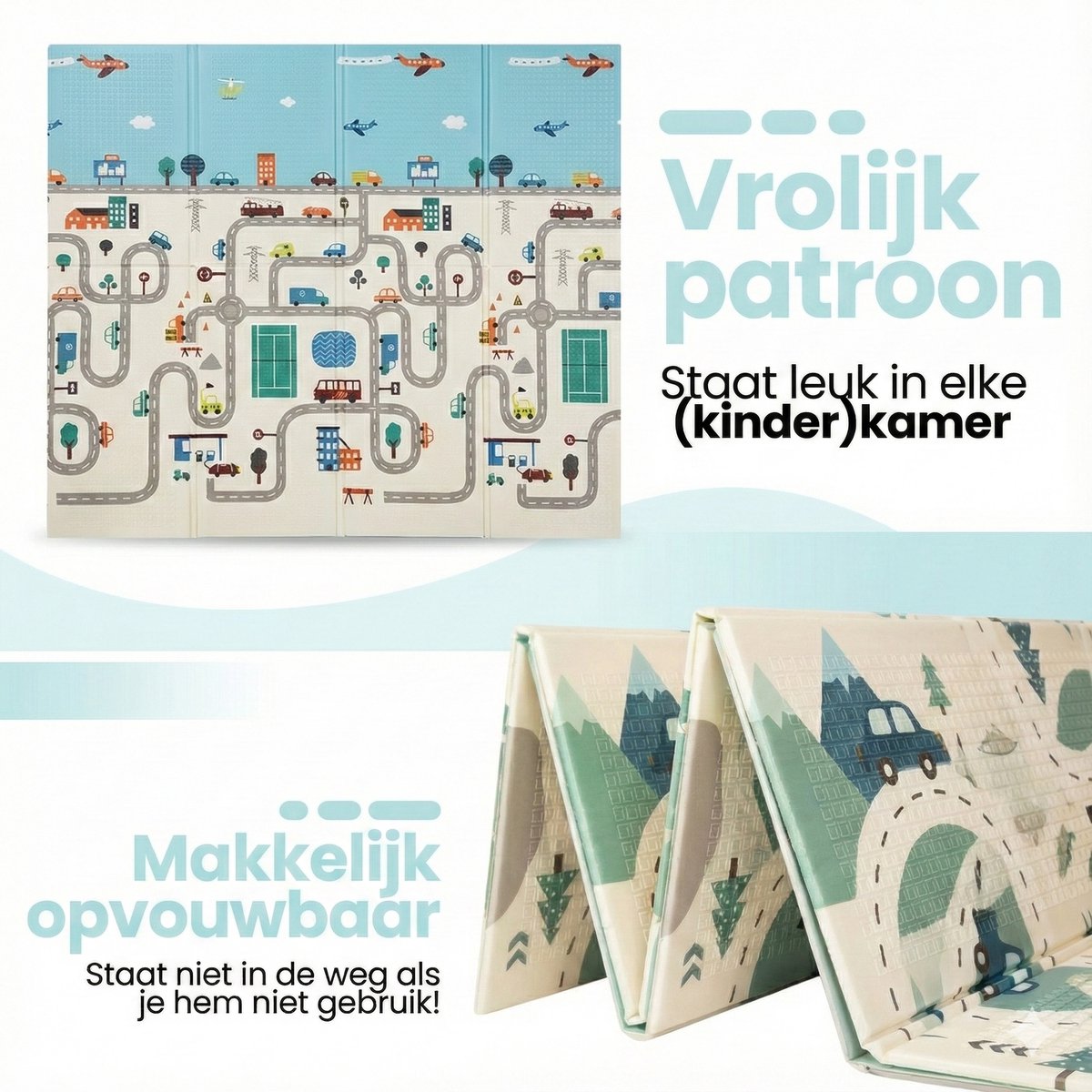 Opvouwbare baby speelmat met auto en stadsontwerp - 200×150 cm uitgevouwen met opbergtas.