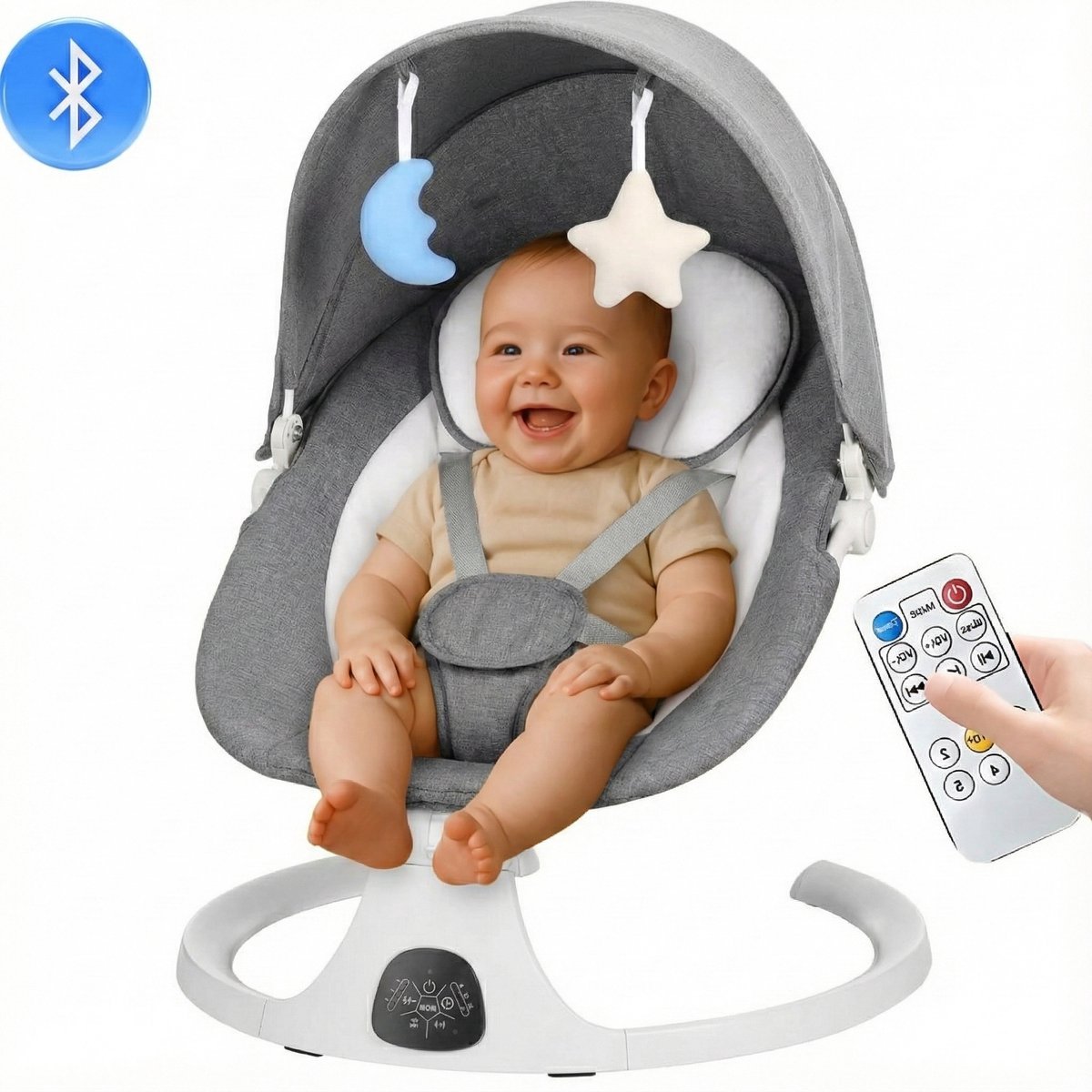 Elektrische babyliegswing met muziek in grijs, baby zittend en lachend.