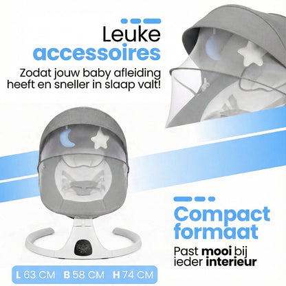 Grijze elektrische baby wiegschommel met sterrenmobiel en muziekoptie.