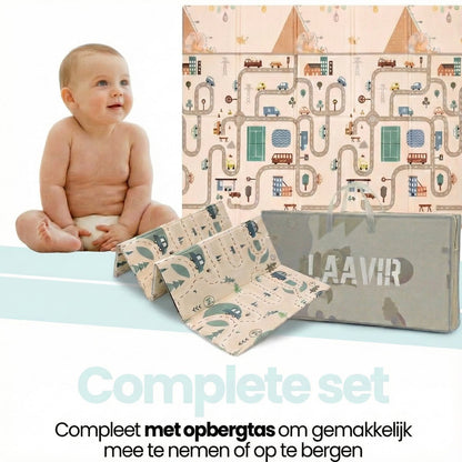 Opvouwbare baby speelmat auto- en stadsontwerp met opbergtas, uitgevouwen en ingepakt.