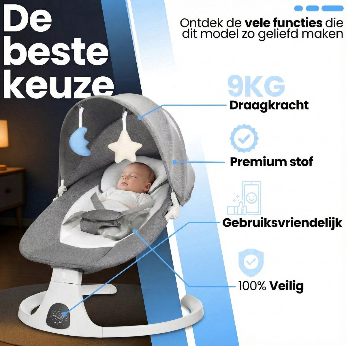 Grijze elektrische baby wiegschommel met muziek - baby slaapt comfortabel