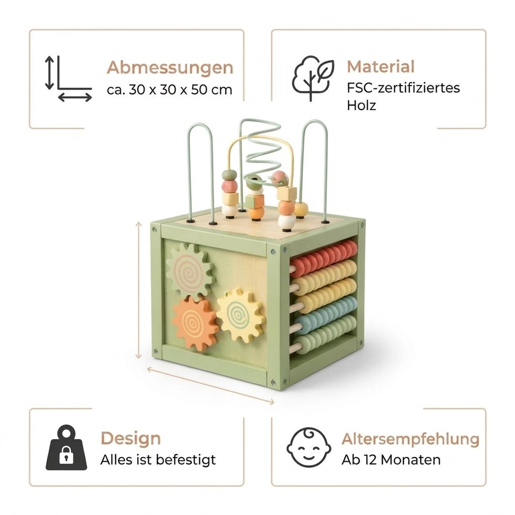 Houten Activiteitenkubus met Kralenspiraal - Montessori - Mintgroen (DE 10)