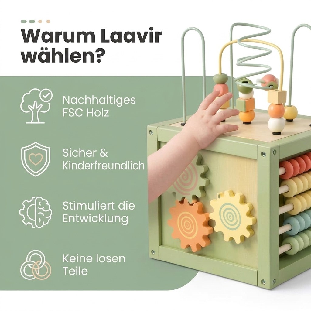 Houten Activiteitenkubus met Kralenspiraal - Montessori - Mintgroen (DE 7)
