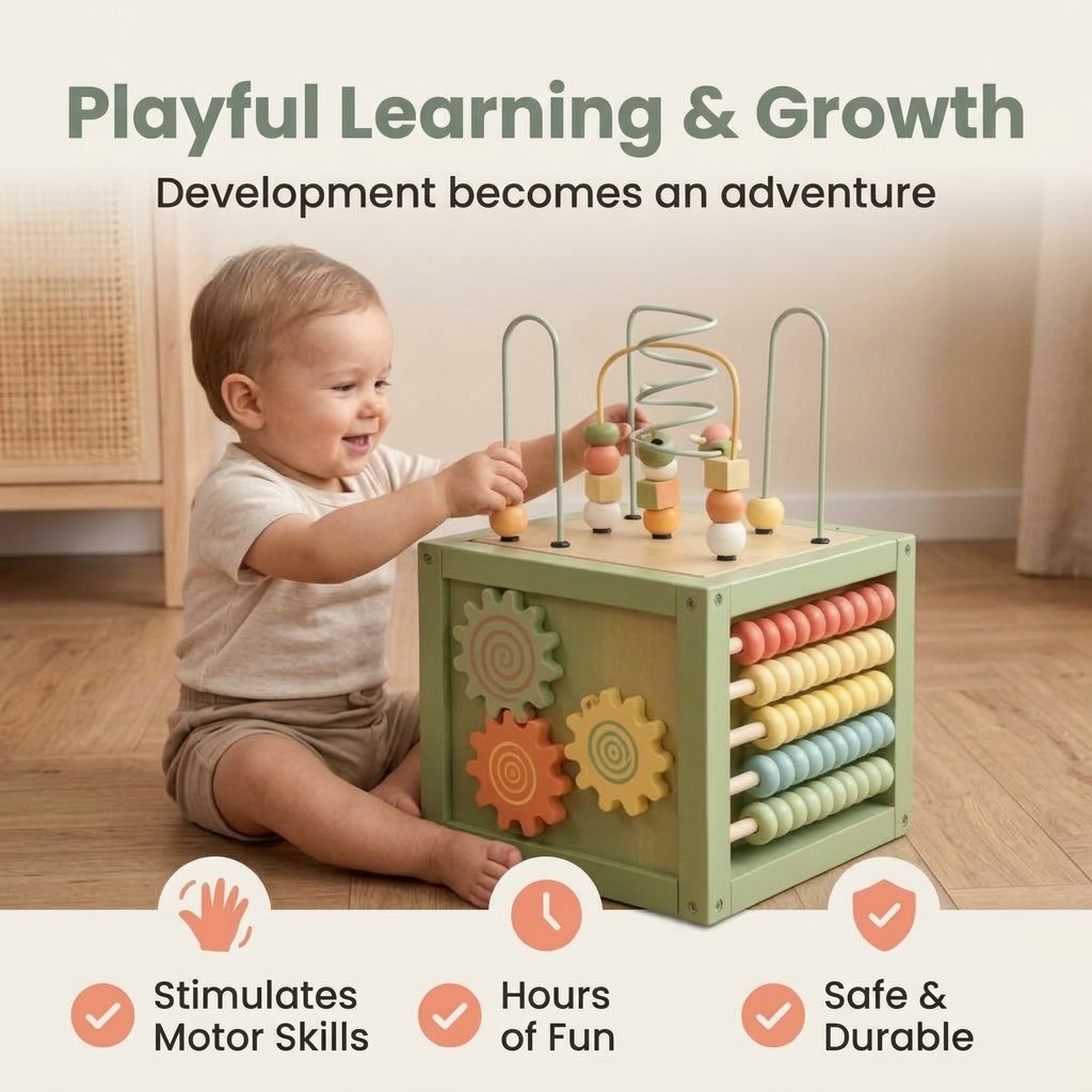 Houten Activiteitenkubus met Kralenspiraal - Montessori - Mintgroen (EN 3)