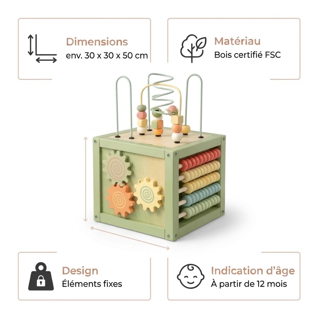 Houten Activiteitenkubus met Kralenspiraal - Montessori - Mintgroen (FR 10)