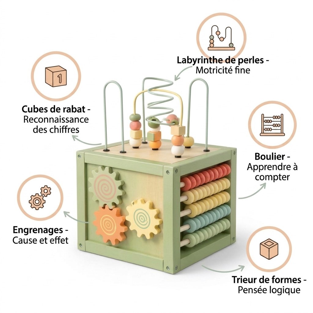 Houten Activiteitenkubus met Kralenspiraal - Montessori - Mintgroen (FR 2)