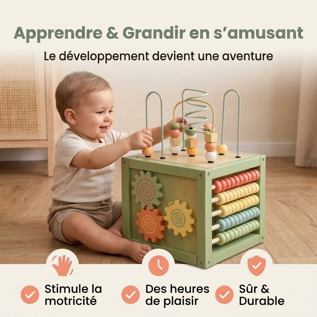 Houten Activiteitenkubus met Kralenspiraal - Montessori - Mintgroen (FR 3)