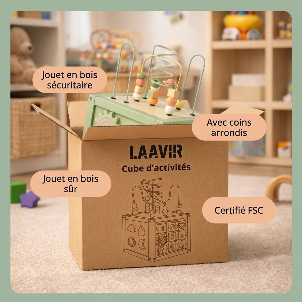 Houten Activiteitenkubus met Kralenspiraal - Montessori - Mintgroen (FR 4)