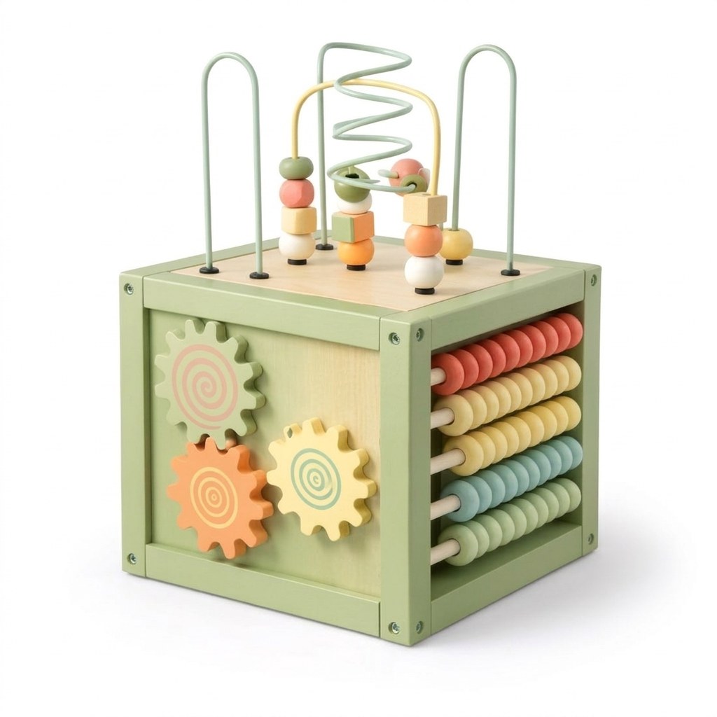 Houten Activiteitenkubus met Kralenspiraal - Montessori - Mintgroen (FR 5)