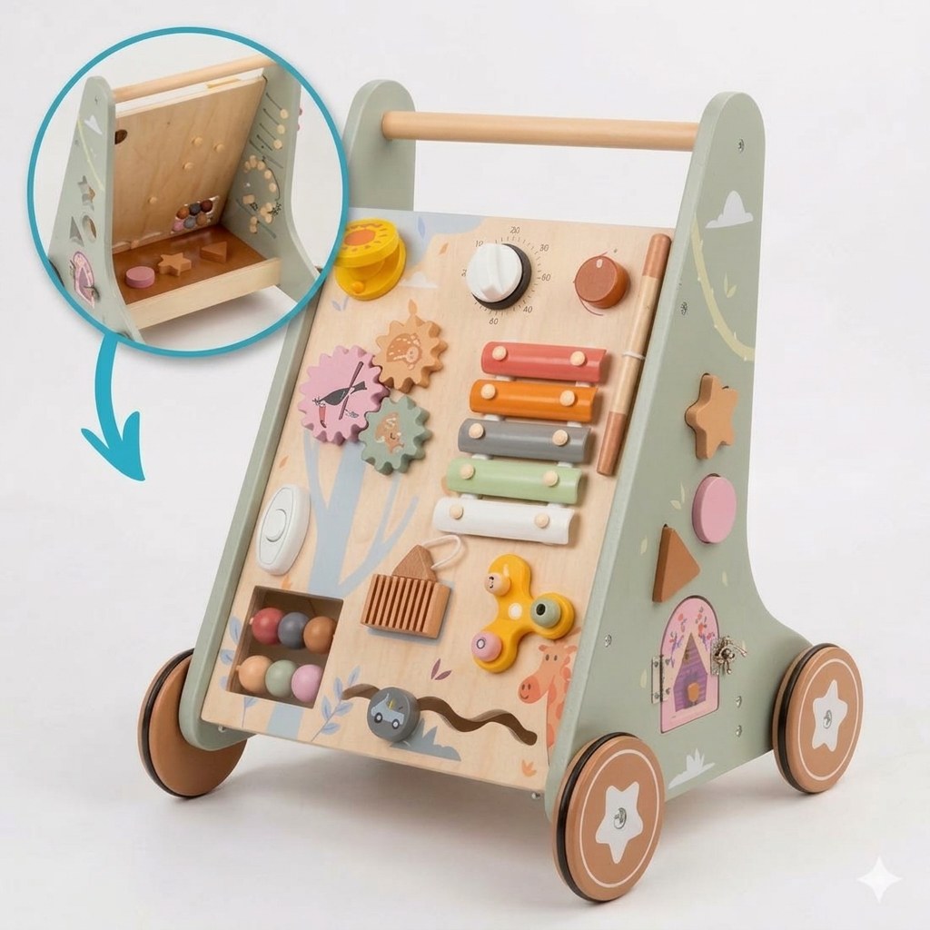 Houten Loopwagen met Activiteitenpaneel - Montessori - Lichtgroen (DE 1)
