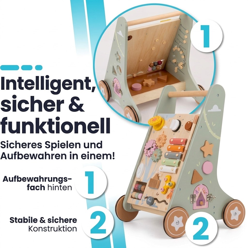 Houten Loopwagen met Activiteitenpaneel - Montessori - Lichtgroen (DE 2)
