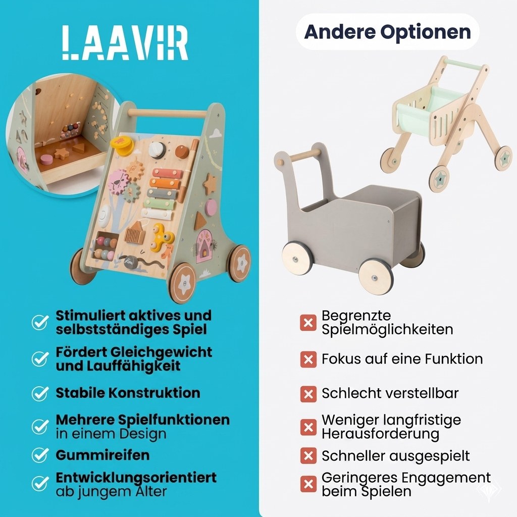 Houten Loopwagen met Activiteitenpaneel - Montessori - Lichtgroen (DE 3)