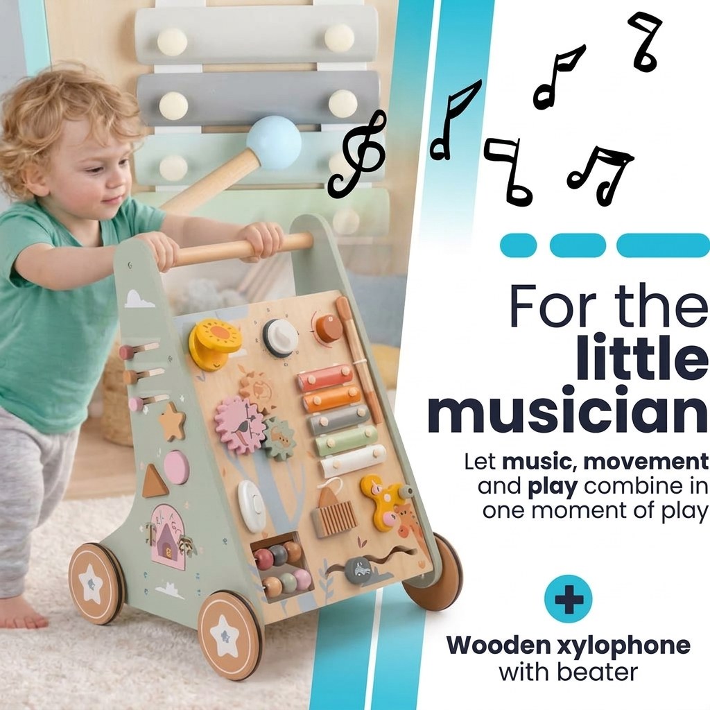 Houten Loopwagen met Activiteitenpaneel - Montessori - Lichtgroen (EN 5)