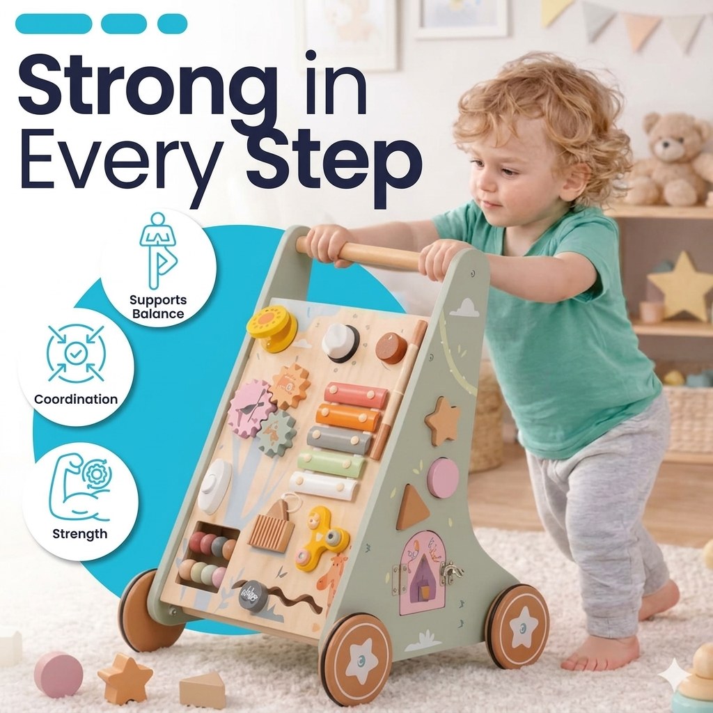 Houten Loopwagen met Activiteitenpaneel - Montessori - Lichtgroen (EN 8)