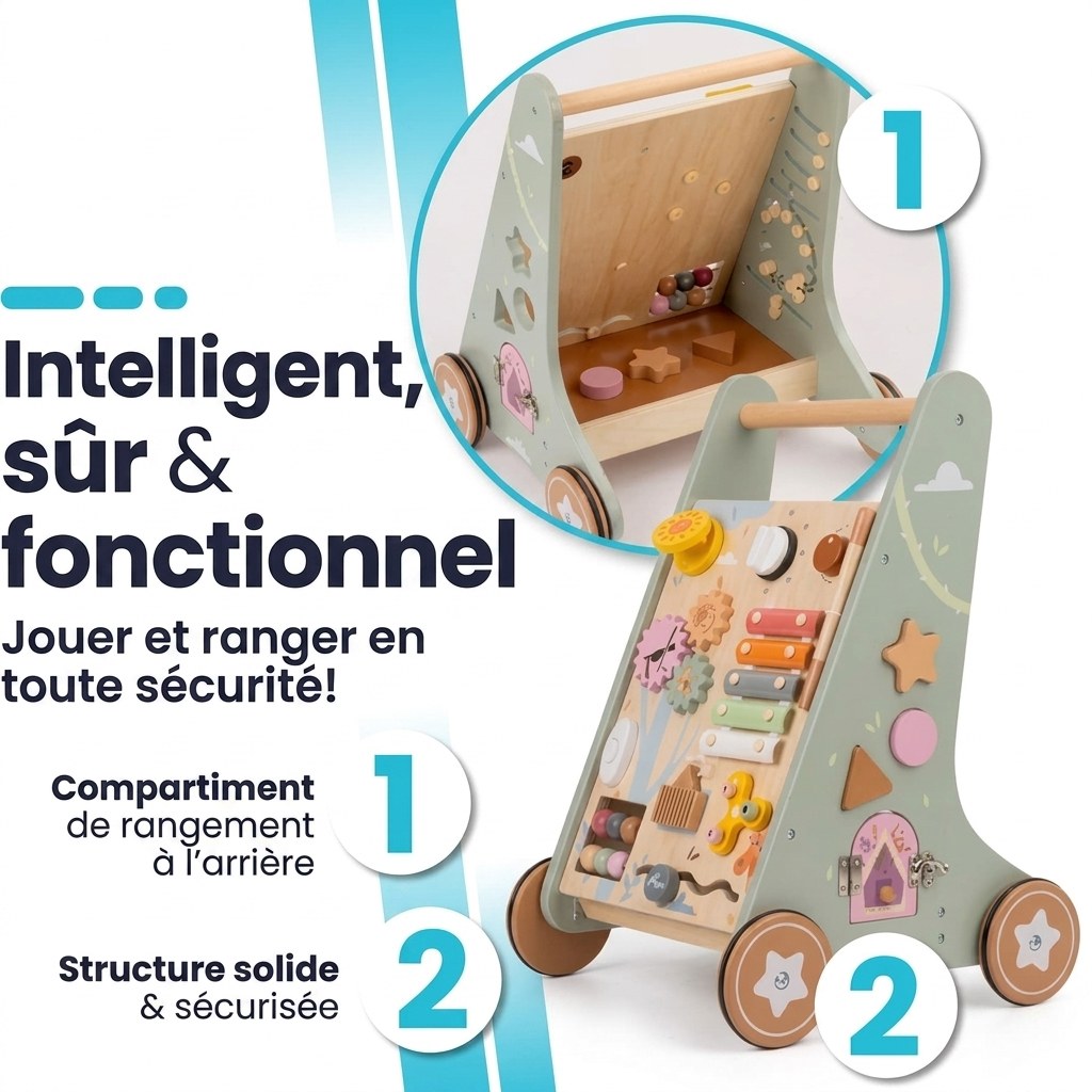 Houten Loopwagen met Activiteitenpaneel - Montessori - Lichtgroen (FR 2)