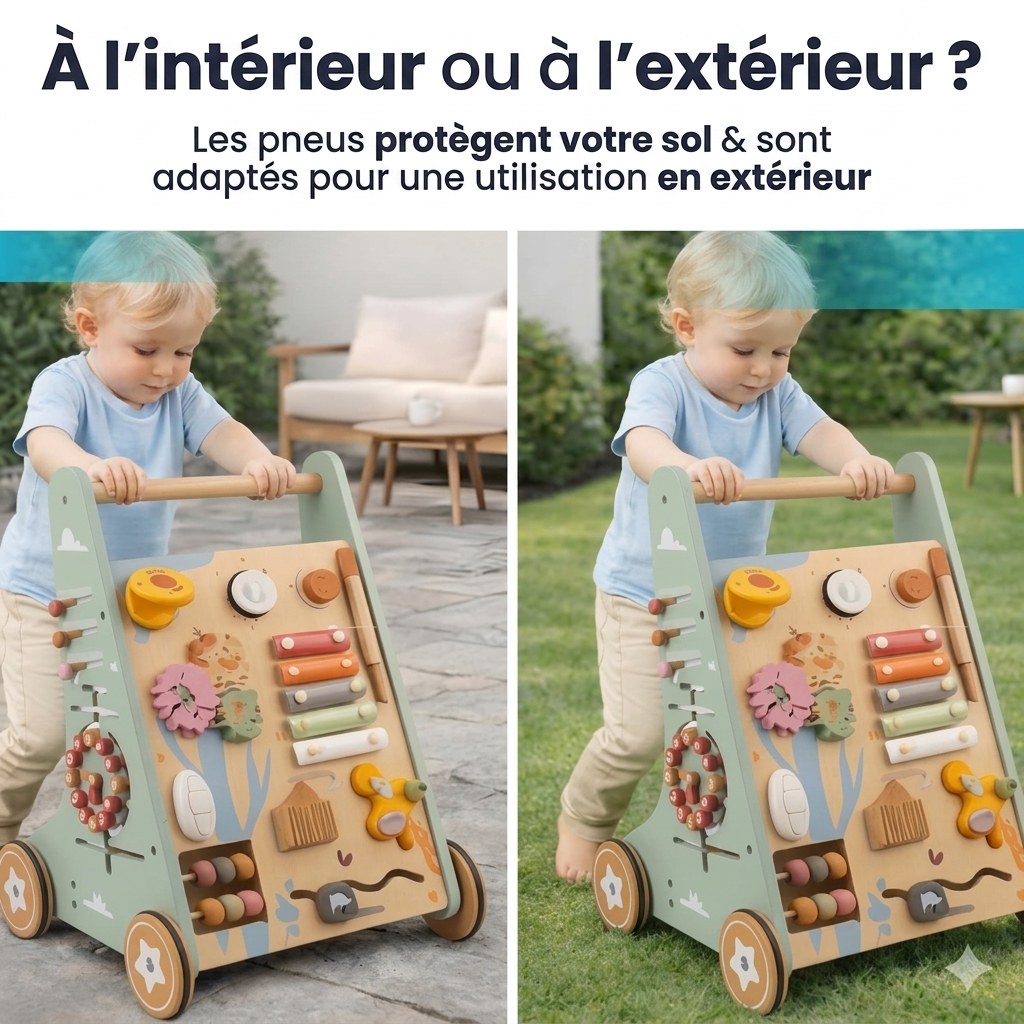 Houten Loopwagen met Activiteitenpaneel - Montessori - Lichtgroen (FR 6)