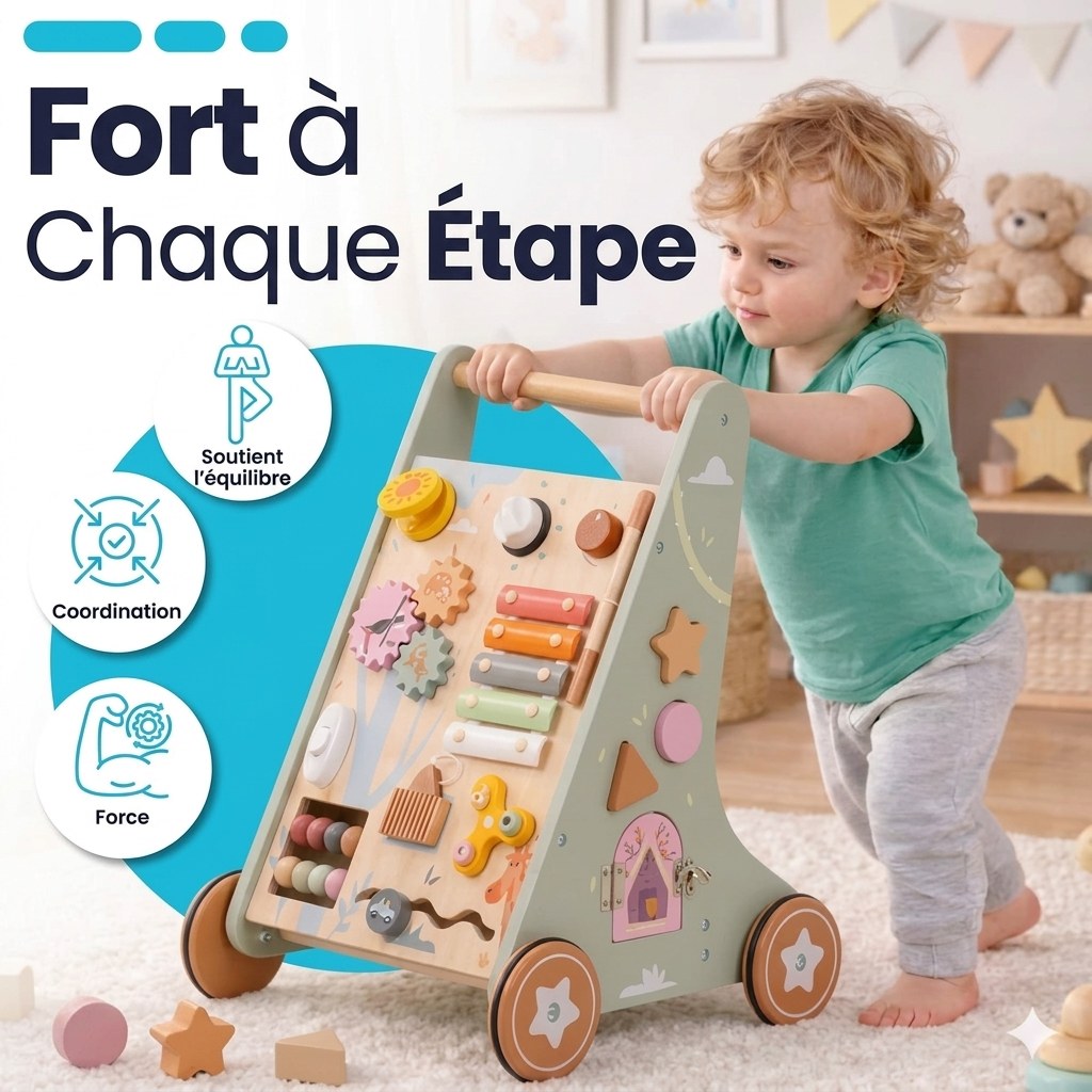 Houten Loopwagen met Activiteitenpaneel - Montessori - Lichtgroen (FR 8)
