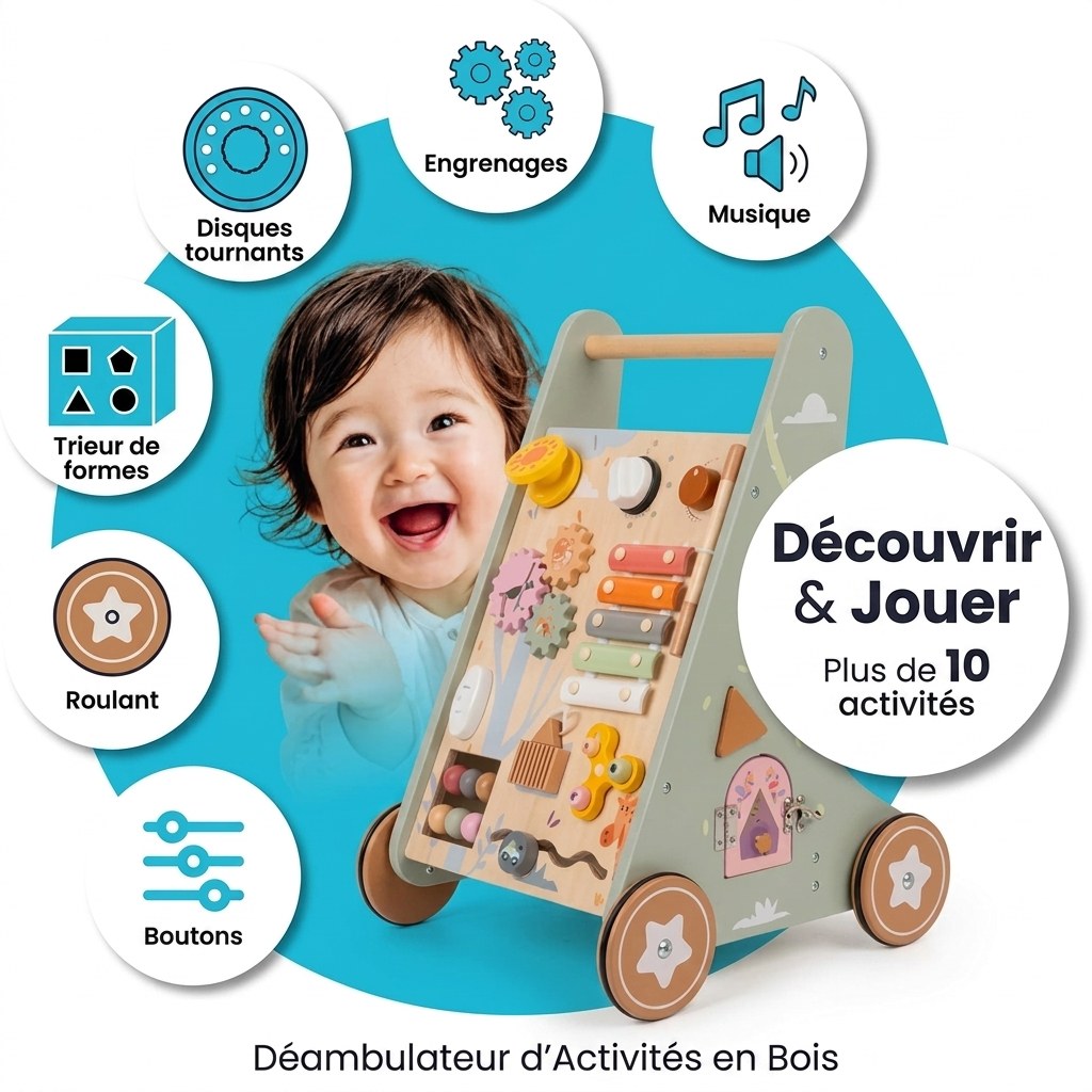 Houten Loopwagen met Activiteitenpaneel - Montessori - Lichtgroen (FR 9)