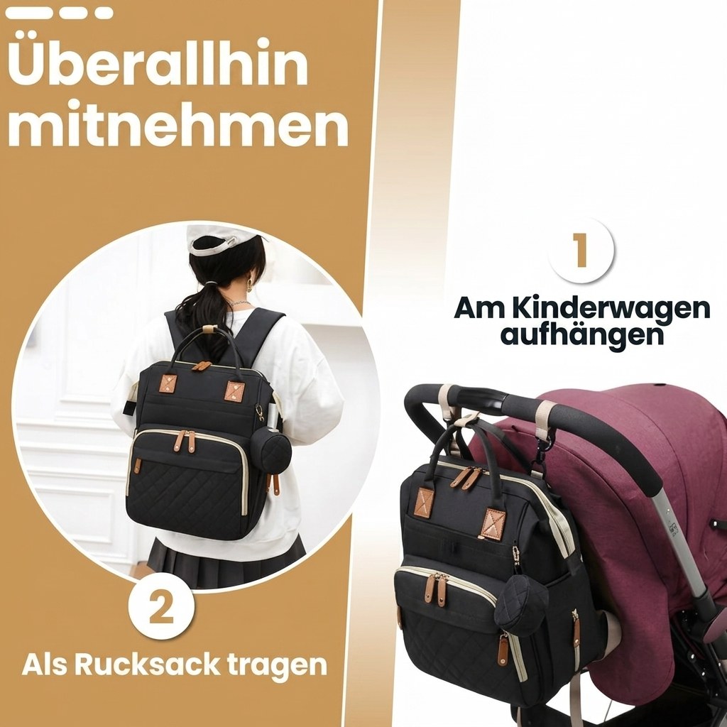 Luiertas Rugzak met Verschoonmatje en Flessenwarmhouder - Zwart (DE 5)