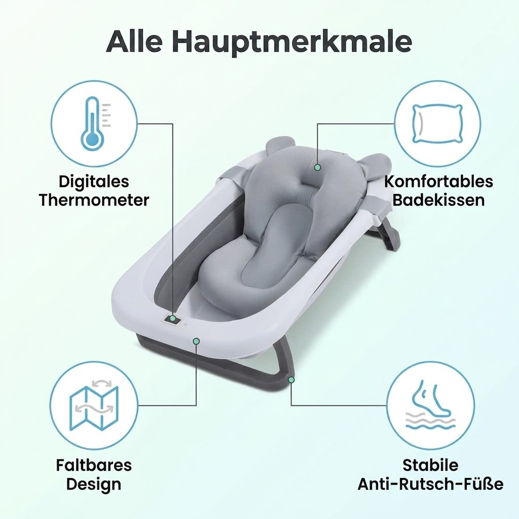 Babybad opvouwbaar met digitale thermometer & badkussen (DE 5)
